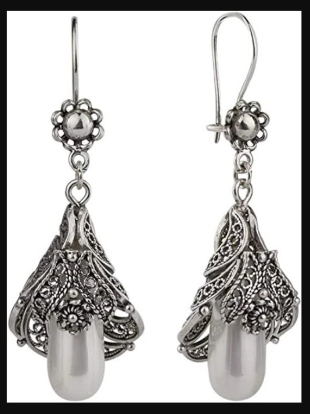 PEARL EARRINGS Filigree silver drop Floral Turkish Artisan Handmade New